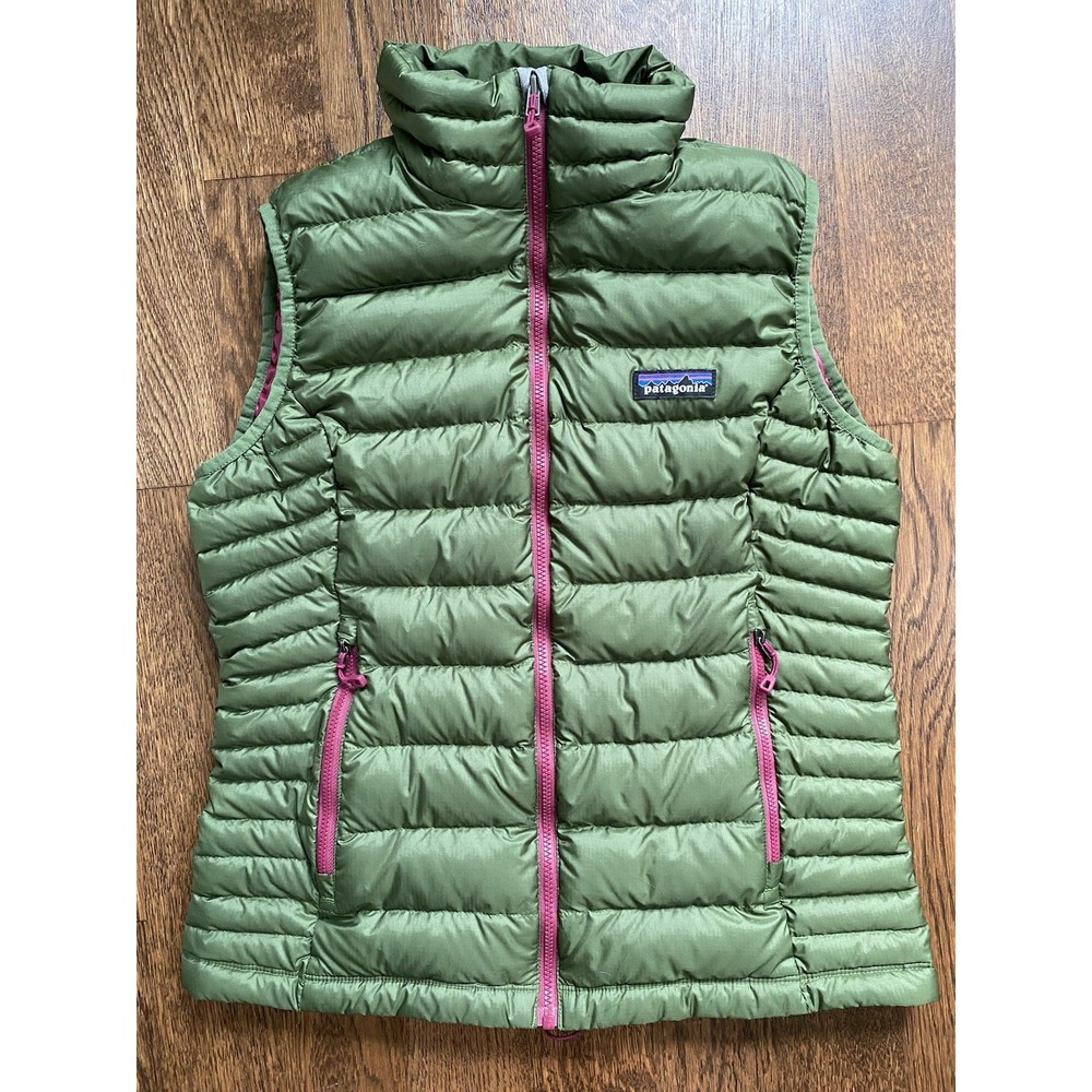 Patagonia Women's Down Sweater Vest S Buffalo Green Pink Quilted Full Zip Puffer